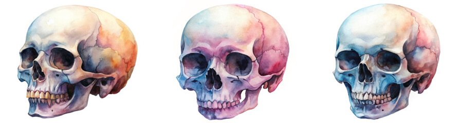 Watercolor skull illustration, artistic anatomy study, colorful design, vintage medical art, educational reference.