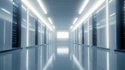 High-tech data center showcasing advanced server technology in a sleek and reflective environment