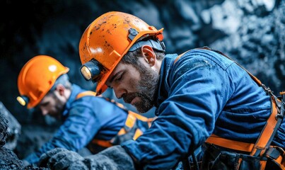 Coal Miners in Protective Gear Working Underground