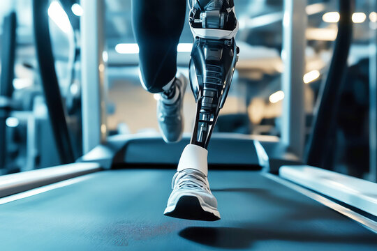 Running towards new horizons with advanced prosthetic technology in a vibrant gym setting - Powered by Adobe