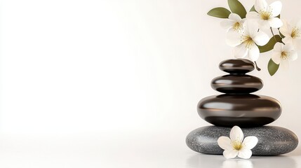Stack Of Black Stones And White Flowers On White Background