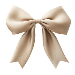 A beige ribbon bow with soft, neutral tones and subtle shadows on the solid white background.