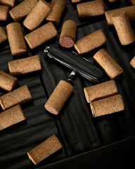 Wine corks on black wooden surface with corkscrew knife in center. Cylindrical stoppers made of pressed cork material. Dark moody lighting. Winemaking concept, beverage industry, bottle sealing.