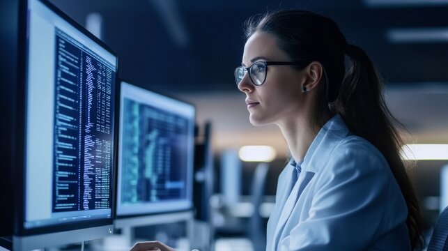 Business Analyst Reviewing Data Analytics on Computer Screens