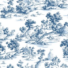 Classic Toile Pastoral Scenes Muted Seamless Pattern Design for Textile and Wallpaper
