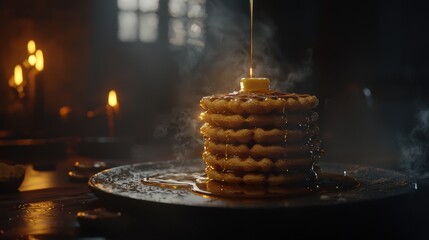 Obraz premium Crisp 4-waffle stack, syrup flowing gracefully, delicate butter melting, hyper-detailed textures, dramatic side lighting, dark moody backdrop