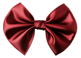 A deep red ribbon bow, perfectly tied with soft and glossy material on the solid white background.