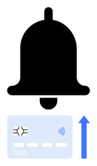 Black bell icon above contactless credit card and blue upward arrow. Ideal for fintech apps, payment alerts, online shopping, notifications, banking services, e-commerce, abstract line flat metaphor