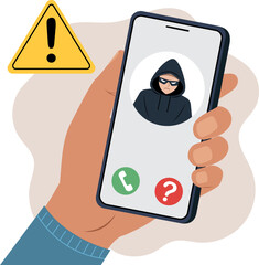 Illustration of an use smartphone with incoming call from unknown scammer