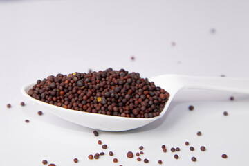 mustard seeds spoon isolated on white