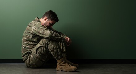 A military personnel sits against a green wall, lost in thought, wearing combat gear and boots