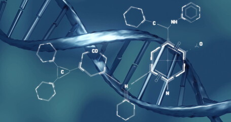 Image of scientific data processing over dna strand spinning