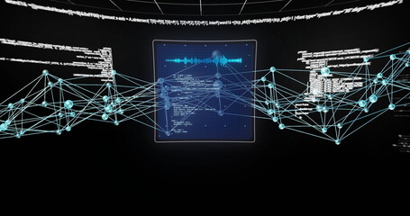 Image of digital data processing over connections on black background
