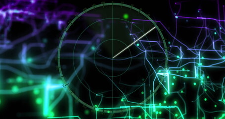 Image of digital data processing over connections on black background