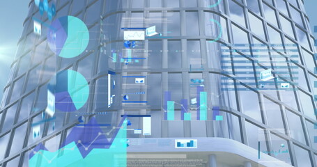 Image of financial data processing over modern office building