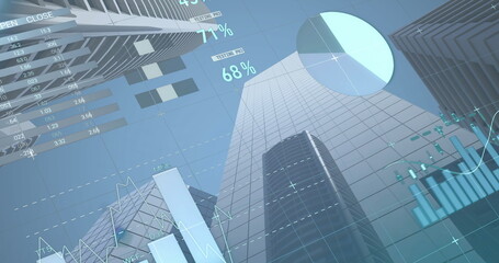 Image of financial data processing over modern office buildings