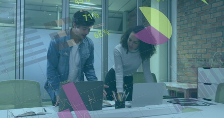 Image of financial data processing over diverse colleagues discussing work in office