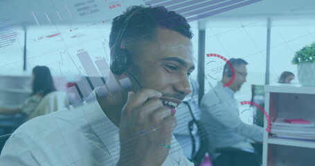 Image of financial data processing over biracial businessman talking on phone headset