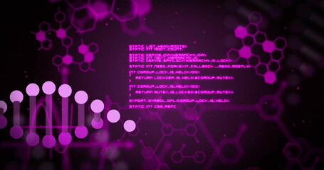 Image of data processing and dna strand over shapes