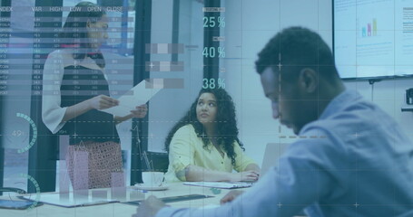 Image of financial data processing over diverse colleagues discussing work in office