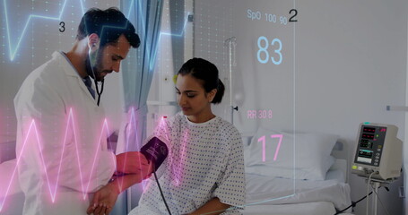 Image of cardiograph over caucasian male doctor examining his patient