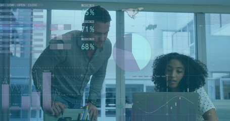 Image of financial data processing over diverse colleagues discussing work in office