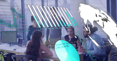 Image of financial data processing over diverse colleagues discussing work in office