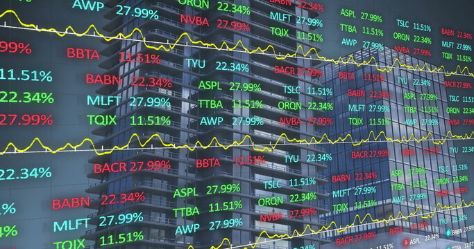 Image of financial data processing over modern office buildings - Powered by Adobe