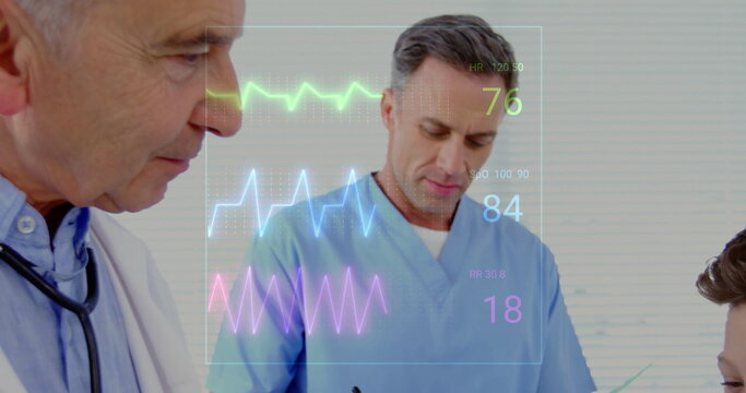 Image of cardiograph over caucasian male doctor examining his patient