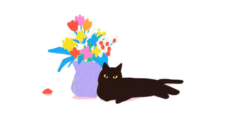 Cute black cat sitting next to a bouquet of spring flowers illustration.