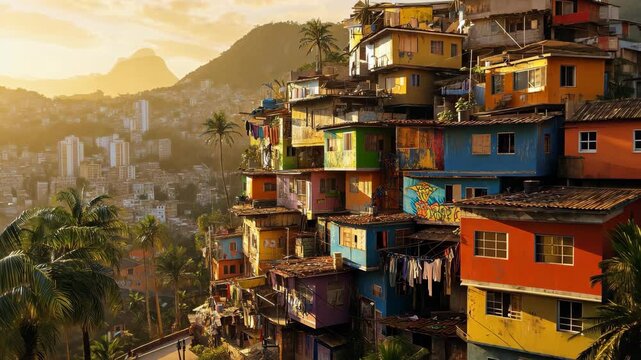A colorful hillside favela illuminated by warm golden sunlight, with stacked houses, lush palm trees, and a cityscape in the background