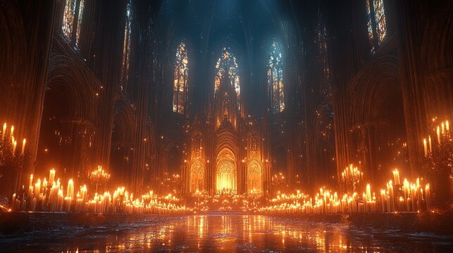 A gothic cathedral illuminated by the glow of hundreds of candles