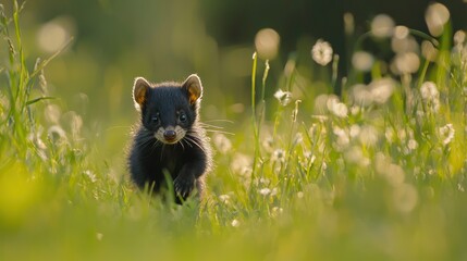 Fototapeta premium A baby skunk walking through a grassy field with a curious look