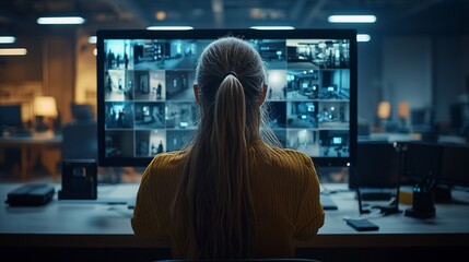 Woman monitoring security cameras in office at night