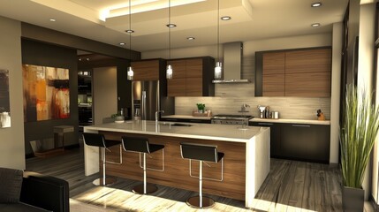 Modern Kitchen Design: Luxury Interior with Island and Wood Cabinets