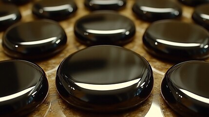 Smooth black stones gleam subtly under soft light a captivating texture and pattern. AI Generated