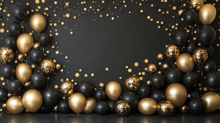 Elegant Dark Gray Backdrop with Gold and Black Balloons and Accents