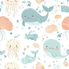 Seamless Adorable Pattern of Whales and Jellyfish in a Colorful Ocean Adventure