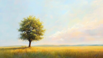 Fototapeta premium Solitary Tree in Golden Field under a Pastel Sky