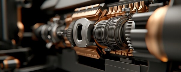Naklejka premium Close-up View of Intricate Mechanical Components in Shades of Silver and Bronze with Modern Industrial Design