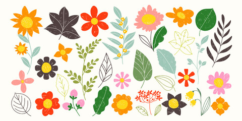 Colorful Vintage Floral Collection of Spring Plants, Herbs, Leaves and Branches. Beautiful meadow of grunge hand drawn botanical nature elements