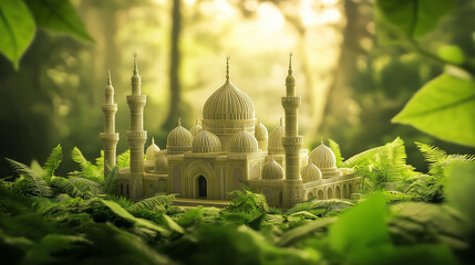 Struktur Masjid yang Rumit di Tengah Rimbunnya Tanaman Hijau Melambangkan Ketenangan dan Keimanan