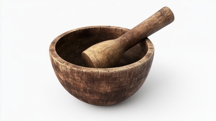 High Resolution Isolated Wooden Mortar and Pestle on White Background