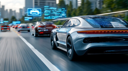 Futuristic glowing smart cars cruising on a smooth ai highway urban cityscape digital media daytime dynamic perspective innovation and technology