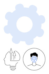 Large gear symbol next to a head with arrows representing ideas and growth, alongside a face with AI recognition lines. Ideal for AI, innovation, automation, tech growth, industry, data, and abstract