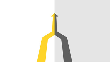 Two separate paths, one yellow and one gray, merging into a single upward-pointing arrow on a divided background.