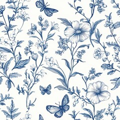 Vibrant Garden Toile Seamless Pattern with Butterflies Bees Blooming Flowers