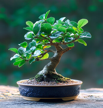 mini ficus, bonsai tree in a blue pot, Japanese tree