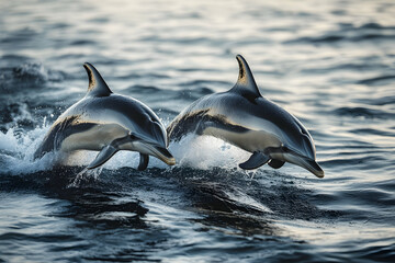 Obraz premium Two dolphins leaping through the water during golden hour, captured in National Geographic style with stunning detail, showcasing their playful movement and the beauty of the ocean at sunset.