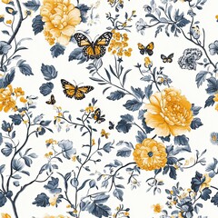 Vibrant Garden Toile Seamless Pattern with Butterflies Bees and Blooming Flowers